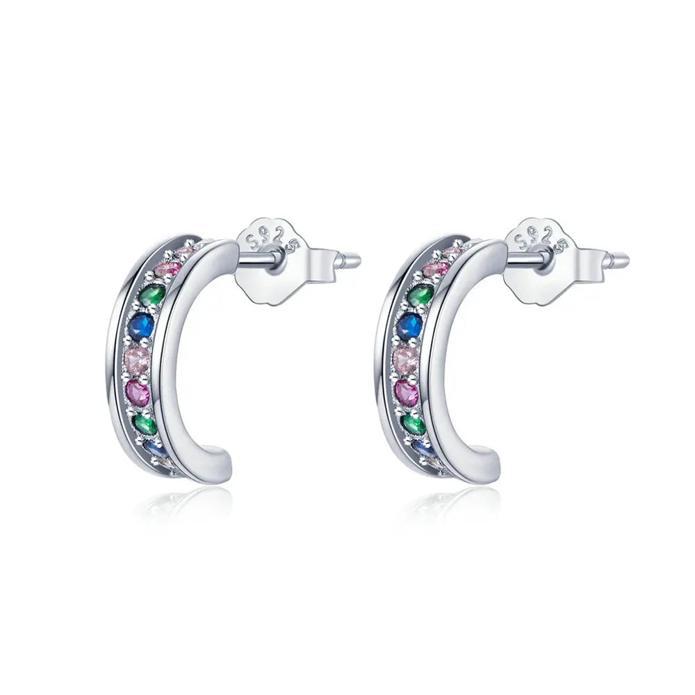 Curved Sterling Silver Platinum-Plated Color Zircon Earrings lulusport1