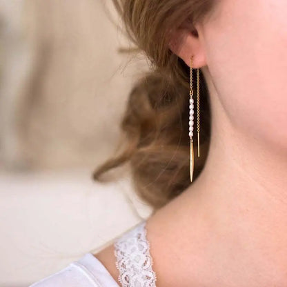 Elegant Simple Oval Pearl Long Chain Threader Earrings  with Long Needle Earrings Jewelry lulusport1