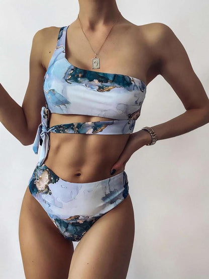 2023 Marble Print Bandeau Push-Up Bikini Set with High Waist Swimwear LuLusport1