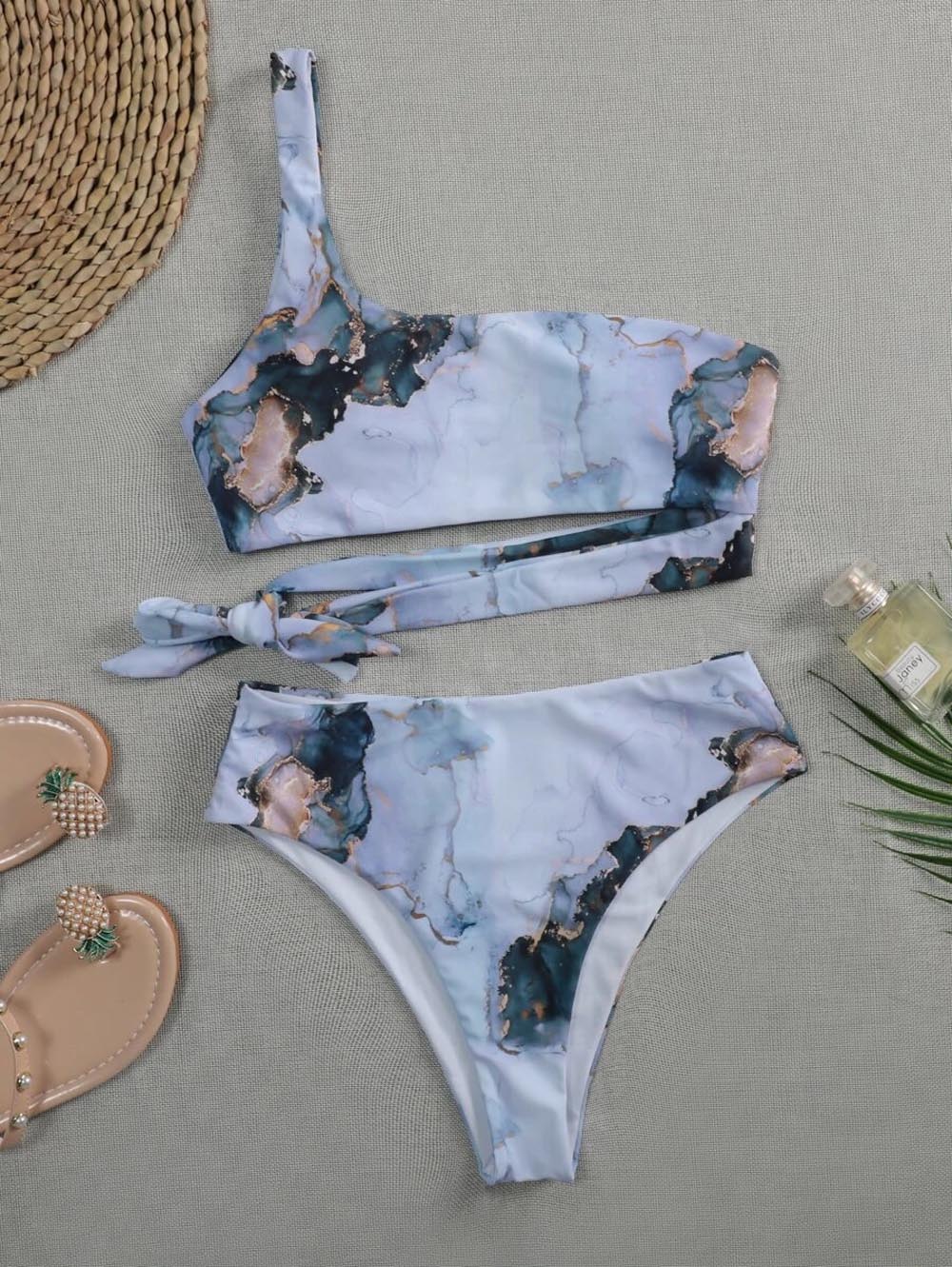 2023 Marble Print Bandeau Push-Up Bikini Set with High Waist Swimwear LuLusport1