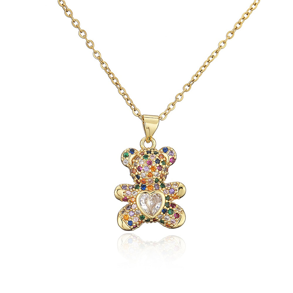 Personality Copper Micro-inlaid Colorful Zircon Love Bear Pendant Necklace lulusport1