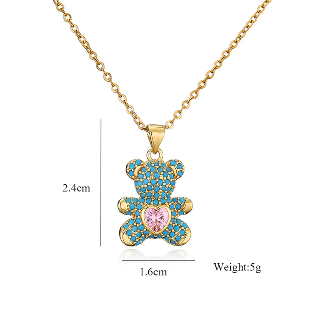 Personality Copper Micro-inlaid Colorful Zircon Love Bear Pendant Necklace lulusport1