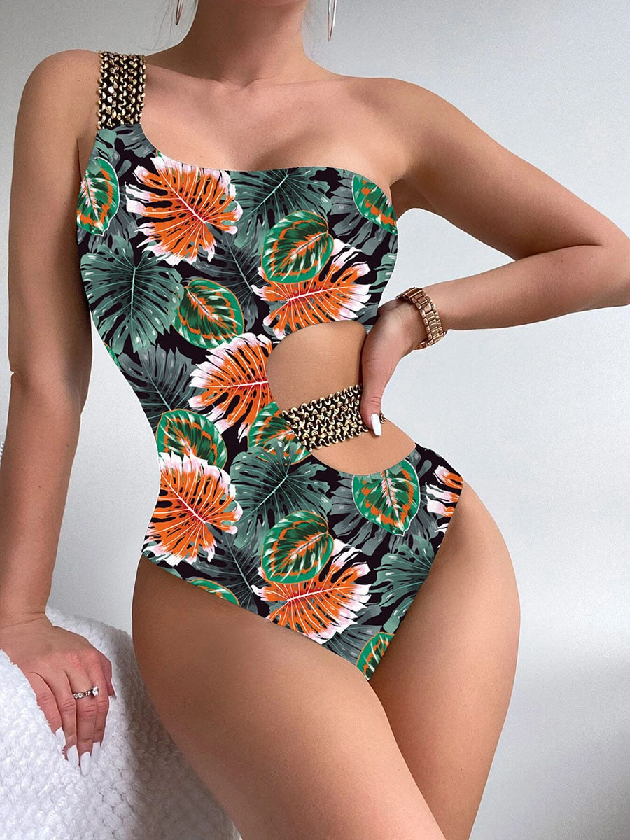 2023 Sexy One Shoulder Strapped Print Women Push UP High Cut One Piece Swimsuit Monokini Backless Bathing Suit LuLusport1