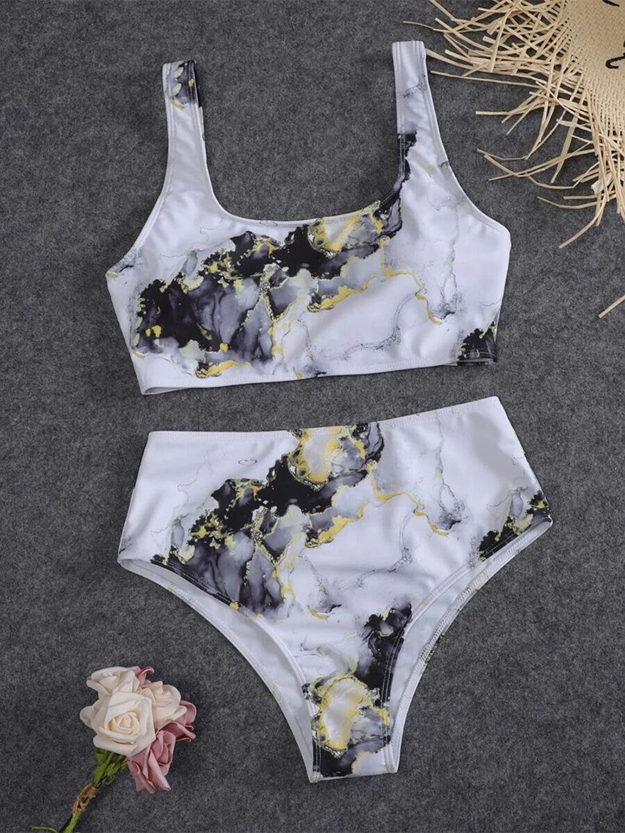 2023 Marble Print Bandeau Push-Up Bikini Set with High Waist Swimwear LuLusport1