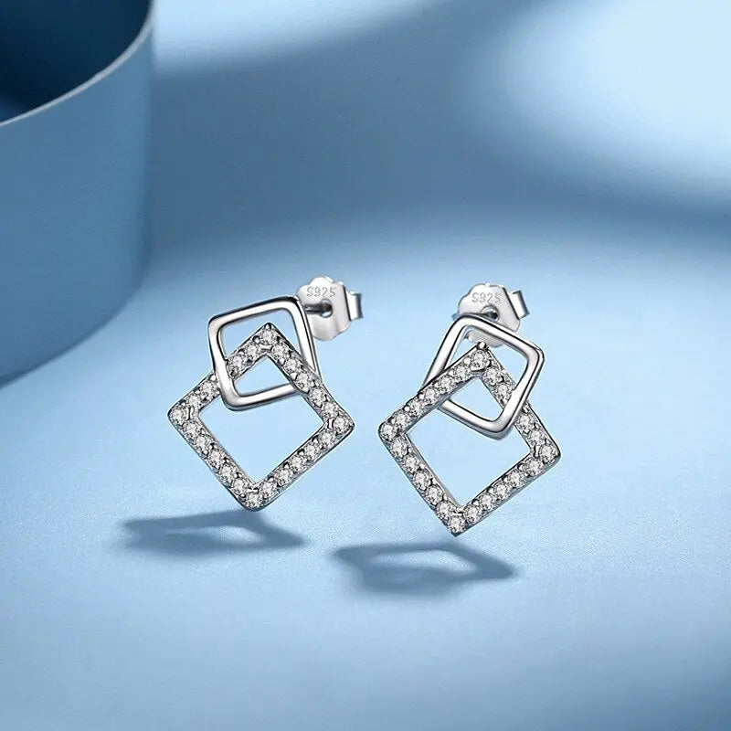 Sterling Silver CZ Geometric Square Diamond Light Luxury Zircon Earrings lulusport1